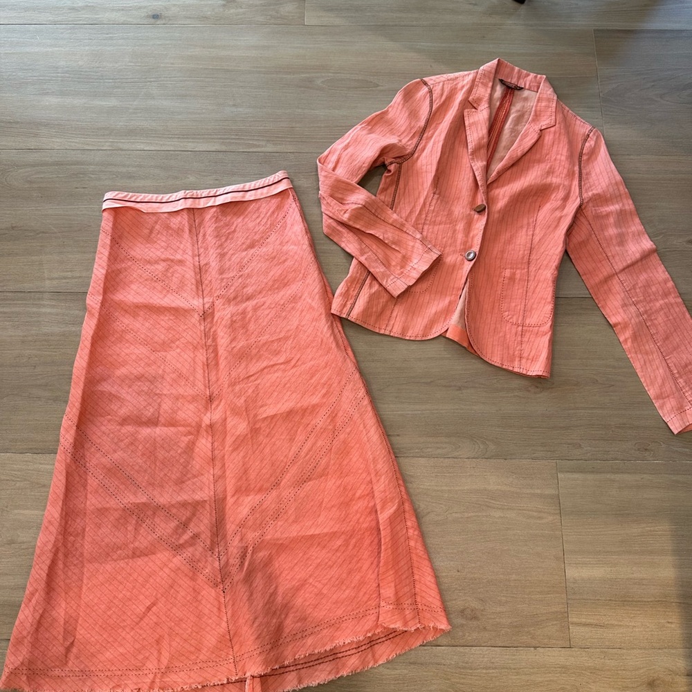 Coral Pink Linen-Blend Blazer & Skirt Set (Anthropologie Style)